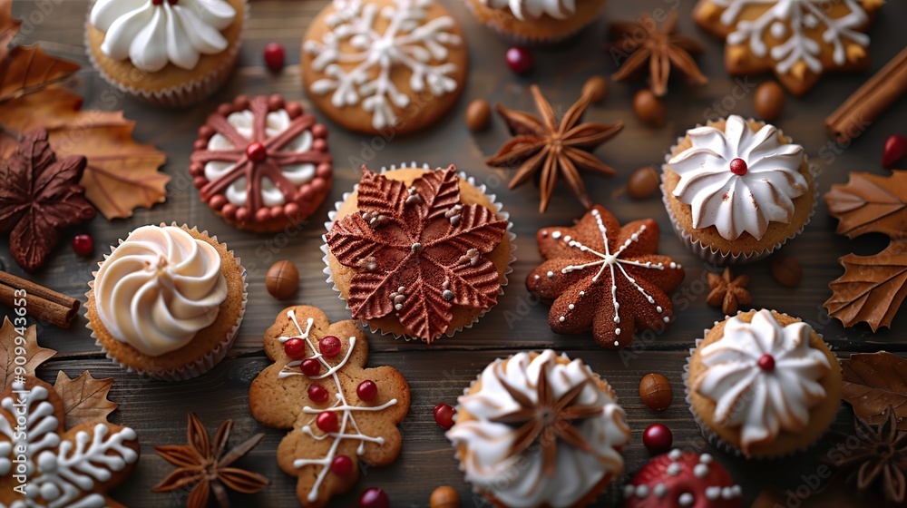 Christmas Cookies and Cupcakes on Wooden Background Christmas Cookies and Cupcakes on Wooden Background