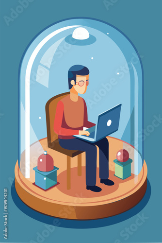 Focused Introvert Employee Working Productively Alone in Isolated Glass Dome