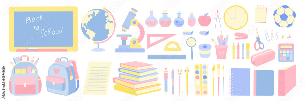 A colorful array of school supplies, including a backpack, a clock, a ruler, a calculator, and a book A colorful array of school supplies, including a backpack, a clock, a ruler, a calculator, and a book
