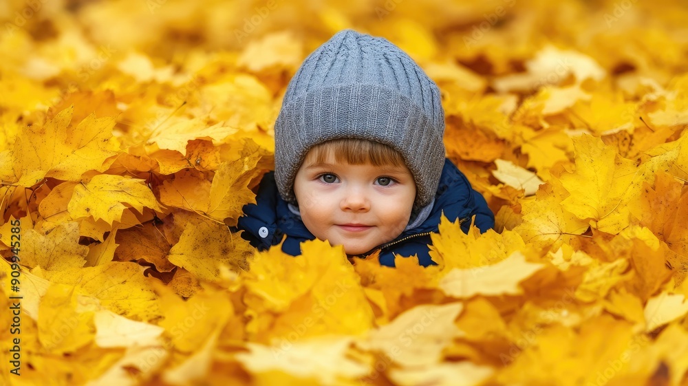 Caucasian child in grey hat playing autumn leaves Caucasian child in grey hat playing autumn leaves