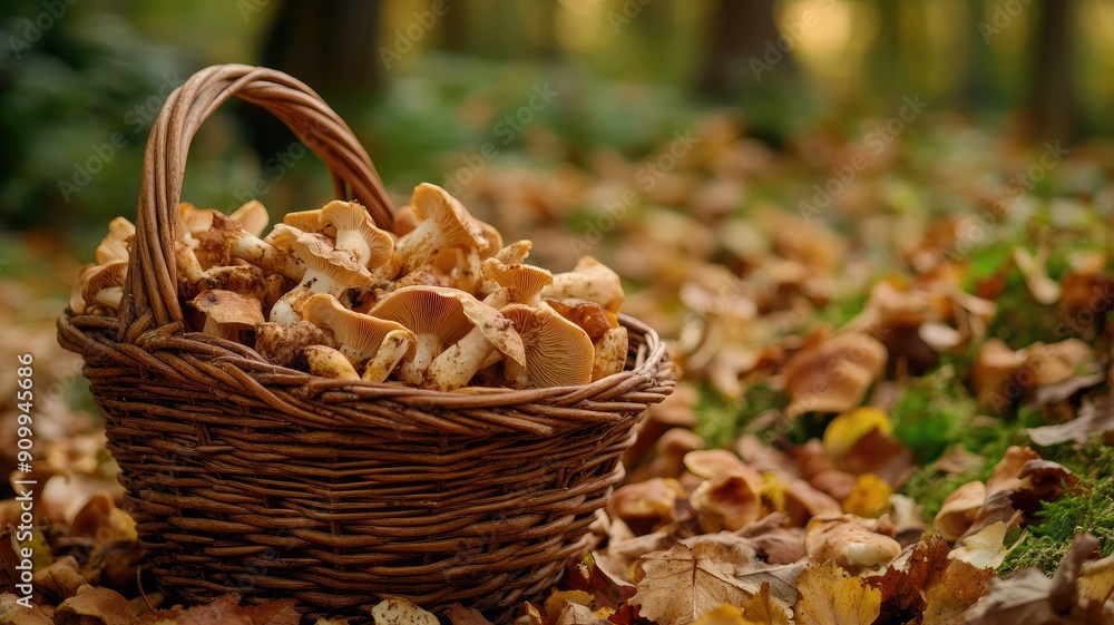 Basket of wild mushrooms in forest setting, autumn leaves Basket of wild mushrooms in forest setting, autumn leaves
