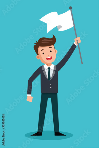 Businessman Surrendering with White Flag, Defusing Conflict and Seeking Compromise in Business Negotiation