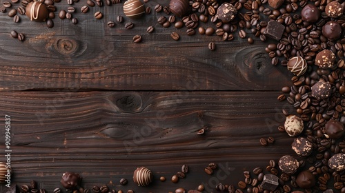 Caffeine and Chocolate Delight A Rich EspressoStained Wood Surface Adorned with Tempting Truffles and Coffee Beans Ideal for Cafes Gourmet Themes and Indulgent Treats