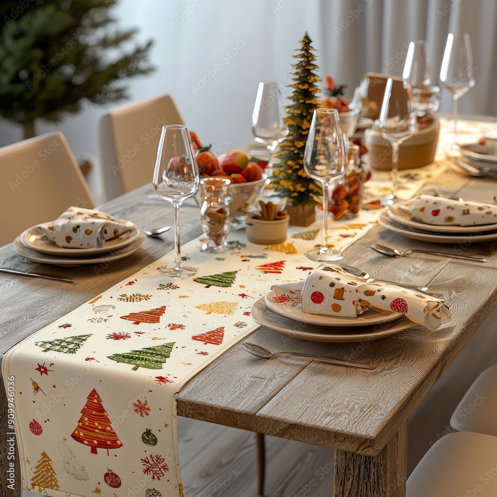 Festive Christmas Table Setting with Holiday Decorations and Elegant Dinnerware in Cozy Home Interior Festive Christmas Table Setting with Holiday Decorations and Elegant Dinnerware in Cozy Home Interior