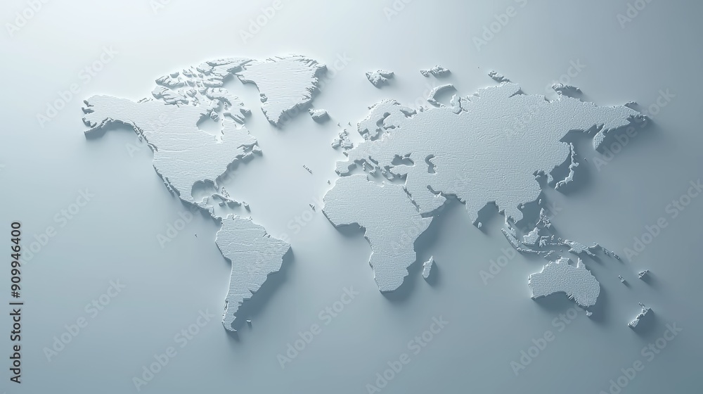 Minimalistic 3D World Map on Light Grey Background with Detailed Continent Outlines Minimalistic 3D World Map on Light Grey Background with Detailed Continent Outlines