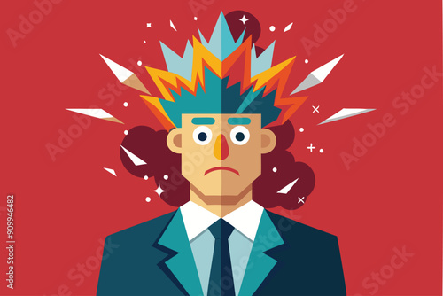Stressed businessman with explosive head due to overwhelming anxiety, mental exhaustion, and work pressure