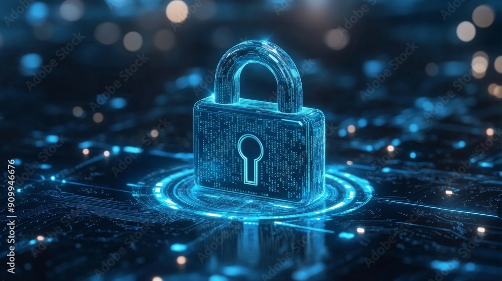 A digital padlock illustration with binary code and futuristic circles on a blue and white background, concept of cybersecurity A digital padlock illustration with binary code and futuristic circles on a blue and white background, concept of cybersecurity
