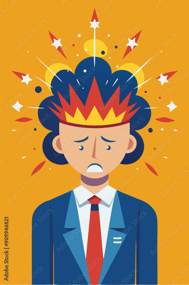 Stressed businessman with explosive head due to overwhelming anxiety, mental exhaustion, and work pressure Stressed businessman with explosive head due to overwhelming anxiety, mental exhaustion, and work pressure