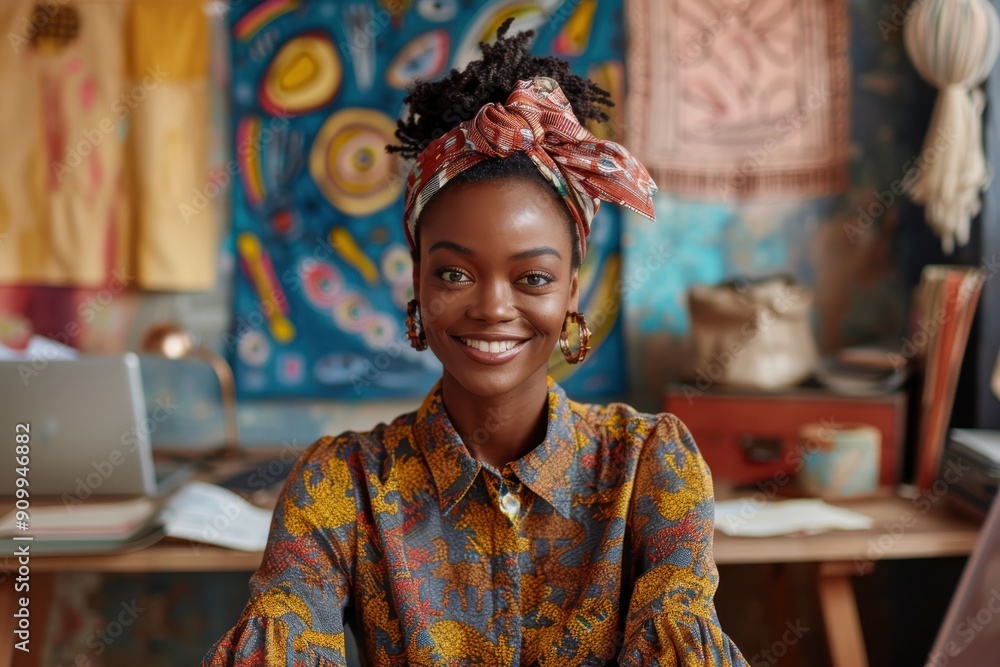 A woman, dressed in a colorful patterned shirt and headband, sits in a vibrant room with a richly artistic background, exuding creativity and originality in her surroundings. A woman, dressed in a colorful patterned shirt and headband, sits in a vibrant room with a richly artistic background, exuding creativity and originality in her surroundings.