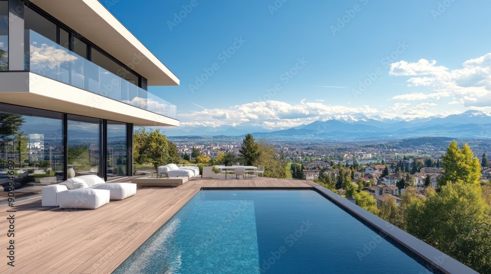 Fototapeta premium Modern Home with Infinity Pool Overlooking Mountain Range and Cityscape
