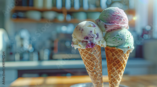 Refreshing Mint and Strawberry Ice Cream in Waffle Cones 