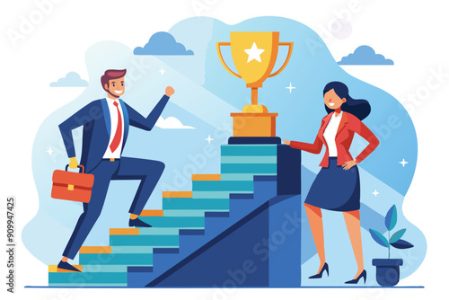 Businessman and businesswoman compete on staircase to win trophy, representing business rivalry and motivation