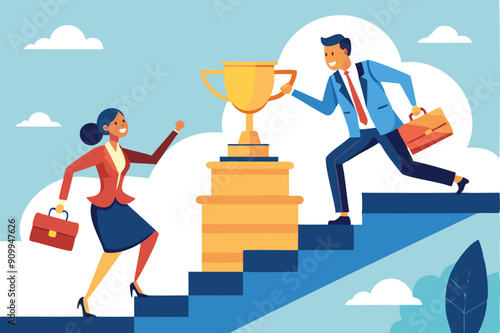 Businessman and businesswoman compete on staircase to win trophy, representing business rivalry and motivation