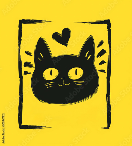 Cat Logo with CopySpace for Text Illustration with Heart on Yellow Background, Cute Cat Art for Children's Decor Pet Lovers, Cat-Themed Merchandise, Bold Cartoon Style Cheerful Holiday Greeting Design photo