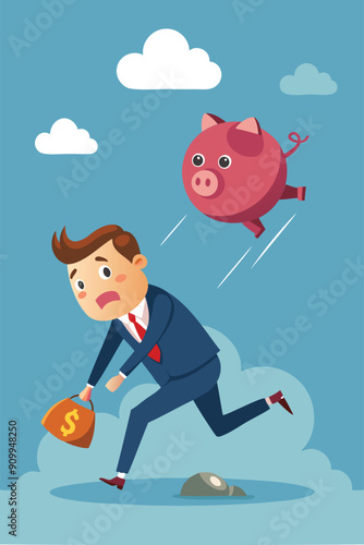 Businessman Chasing Flying Deflating Piggy Bank Losing Money in Economic Crisis