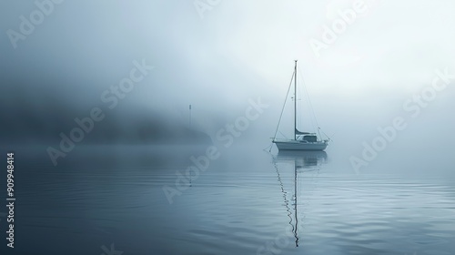 Tranquil Waters Serenity at Sea with a Yacht in the Mist