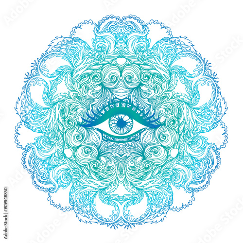 All seeing eye in ornate round mandala pattern. Mystic, alchemy, occult conce...