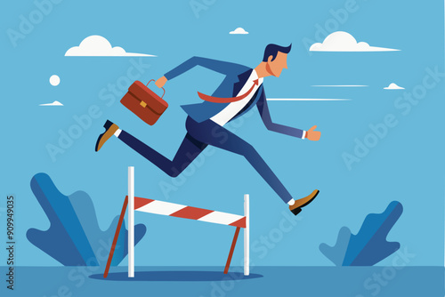 Confident Businessman Jumping Hurdles, Overcoming Challenges with Skill and Experience for Professional Success