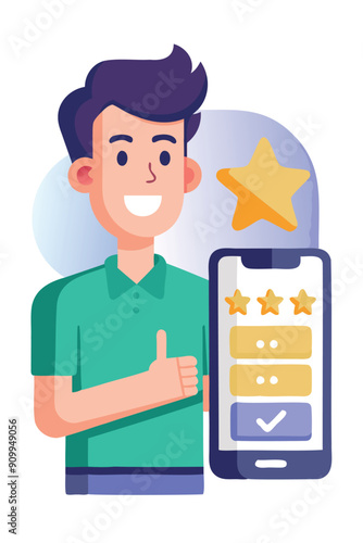 Satisfied Customer Giving Five-Star Rating Review on Mobile Phone App Service