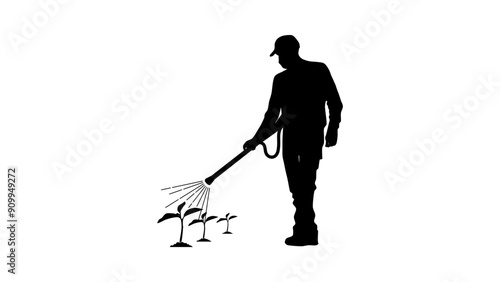 man spraying toxic substances or herbicides on plants, black isolated silhouette