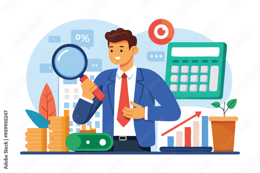 Smart Businessman Analyzing Cost Charts with Magnifying Glass and Calculator for Expense Management Smart Businessman Analyzing Cost Charts with Magnifying Glass and Calculator for Expense Management