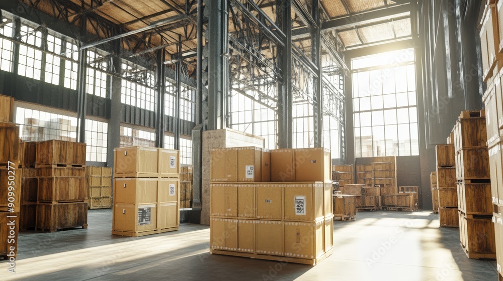 Modern Warehouse Interior with Wooden Crates and Boxes for Efficient Logistics and Storage Solutions Modern Warehouse Interior with Wooden Crates and Boxes for Efficient Logistics and Storage Solutions