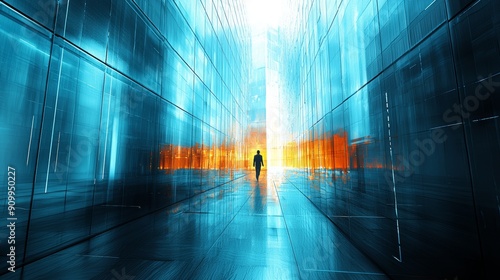 Futuristic Urban Scene with Silhouette of Person Walking Through Neon-Lit Glass Corridor at Night