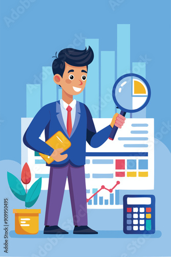 Smart Businessman Analyzing Cost Charts with Magnifying Glass and Calculator for Expense Management