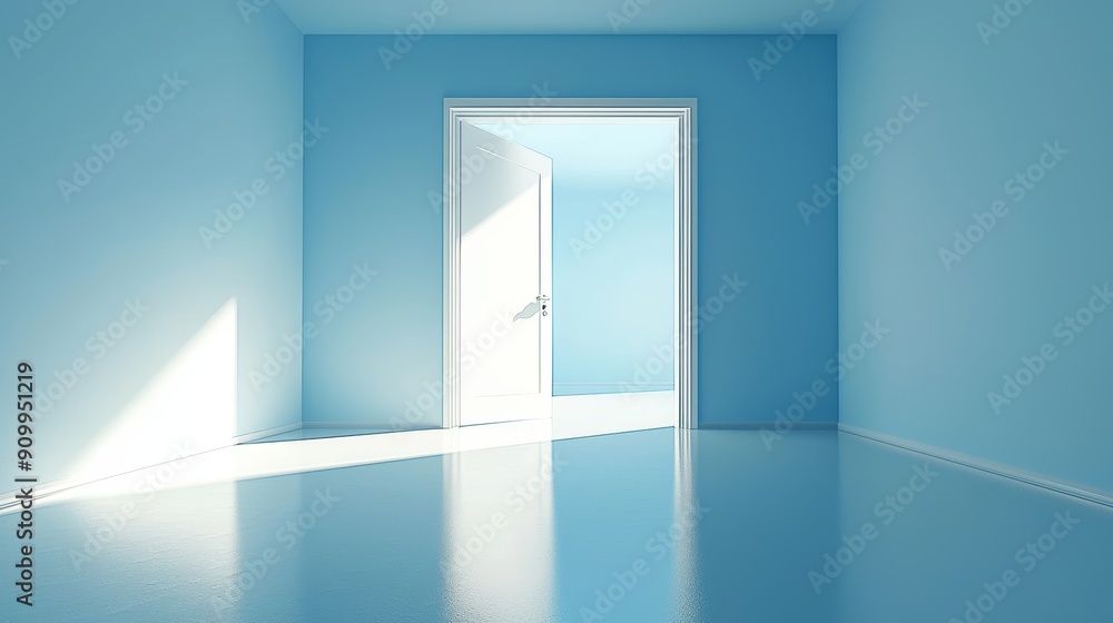 Bright Open Door in Minimalist Blue Room Symbolizing New Opportunities and Hiring Concept Bright Open Door in Minimalist Blue Room Symbolizing New Opportunities and Hiring Concept