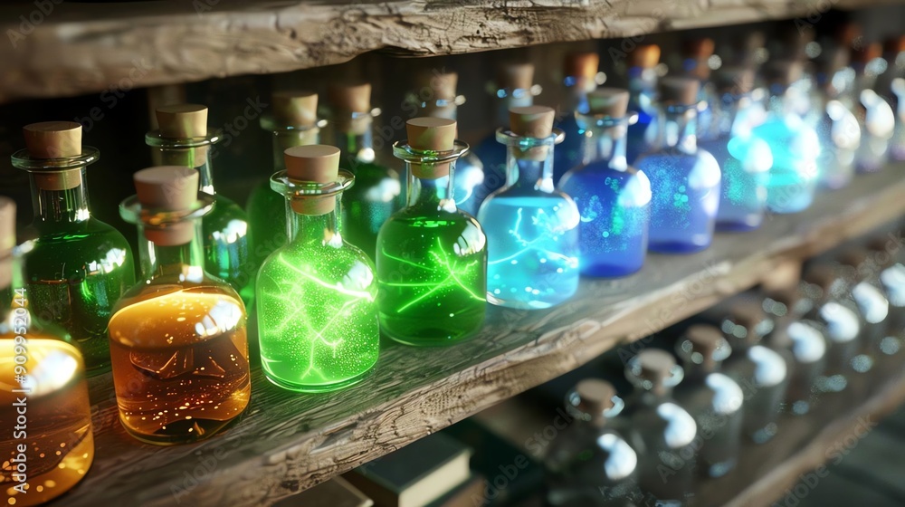 Potion Shelf A shelf full of glowing potions and spell books Potion Shelf A shelf full of glowing potions and spell books
