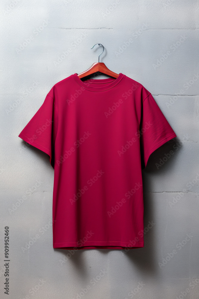 Red Shirt Mockup on Concrete Wall Background: Blank Wine Red T-Shirt Mockup Unisex on Hanger for Branding, Fashion Design, and Product Display - Minimalistic Burgundy Shirt Mockup Red Shirt Mockup on Concrete Wall Background: Blank Wine Red T-Shirt Mockup Unisex on Hanger for Branding, Fashion Design, and Product Display - Minimalistic Burgundy Shirt Mockup