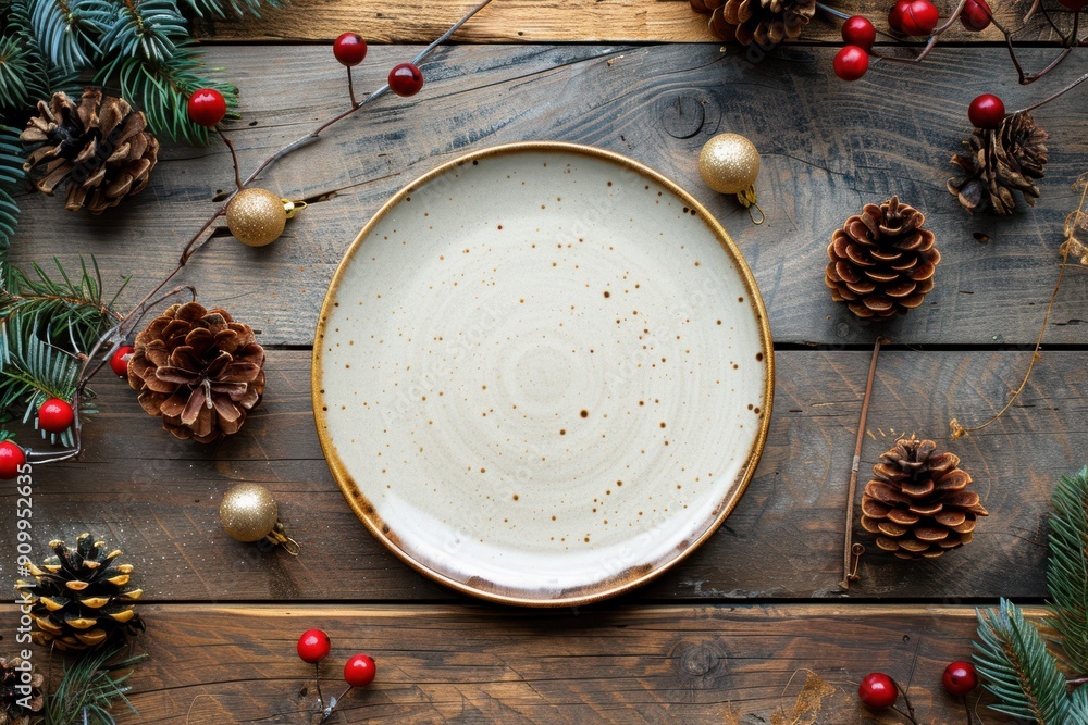 Empty ceramic plate on a rustic wooden table with pinecones, red berries, and evergreen branches, creating a festive and natural holiday setting. Empty ceramic plate on a rustic wooden table with pinecones, red berries, and evergreen branches, creating a festive and natural holiday setting.