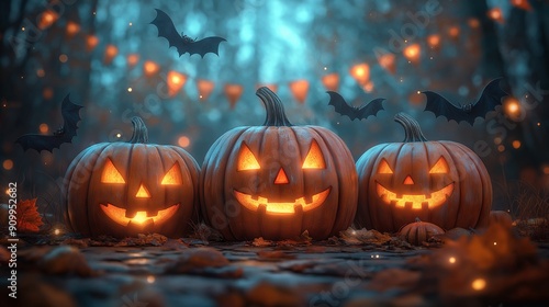 Three Jack-o'-Lanterns with Bats, Halloween Night, Glowing Pumpkins, Spooky Scene