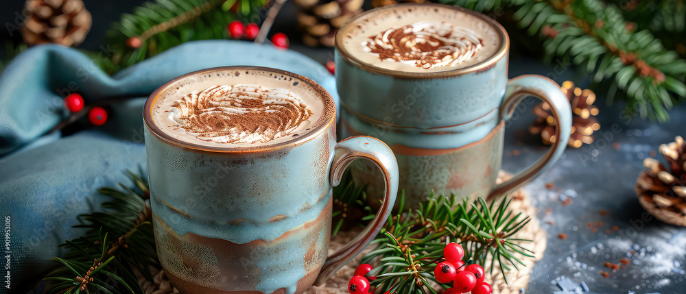 Cup or mug with cacao, hot chocolate, coffee, tea with decorations on christmas background. Happy new year or Christmas mockup.Cozy wintertime leisure. Generative ai Cup or mug with cacao, hot chocolate, coffee, tea with decorations on christmas background. Happy new year or Christmas mockup.Cozy wintertime leisure. Generative ai