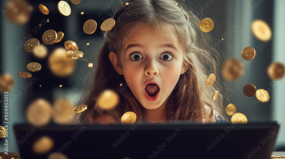 A child earns his first money using a computer. Children's financial literacy. A child earns his first money using a computer. Children's financial literacy.