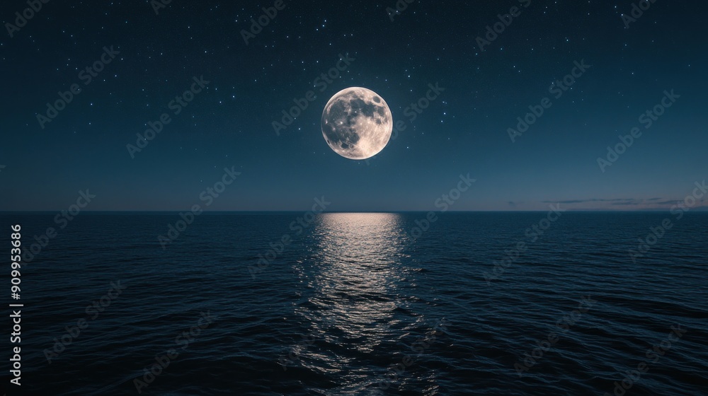 Full Moon Reflecting on a Calm Ocean at Night Full Moon Reflecting on a Calm Ocean at Night