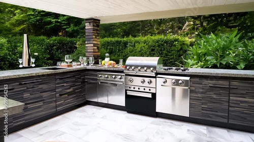An outdoor kitchen features a stainless steel grill and countertops, with wine glasses and fresh ingredients ready for cooking, amidst vibrant greenery