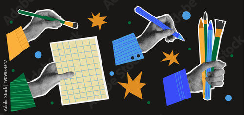 Set of halftone hand hold pencil, pen, paper in trendy collage style. Background education concept.