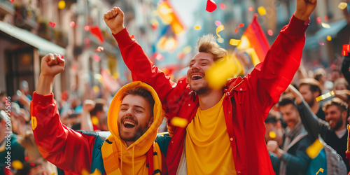 Excited sports fans wearing red and yellow clothes celebrating the victory of their team. People chanting and cheering for their soccer team. Young people watching football match.