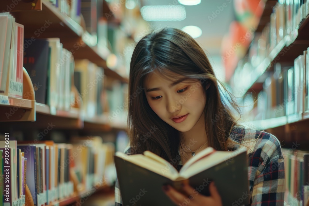 A young female student is happily reading a book in the school library. A young female student is happily reading a book in the school library.