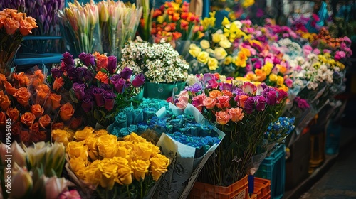 photography of a vibrant flower market with colorful bouquets, style of iDea24club photo