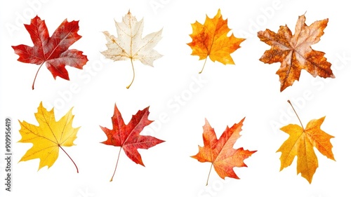 Eight assorted maple leaves in autumn colors on white background