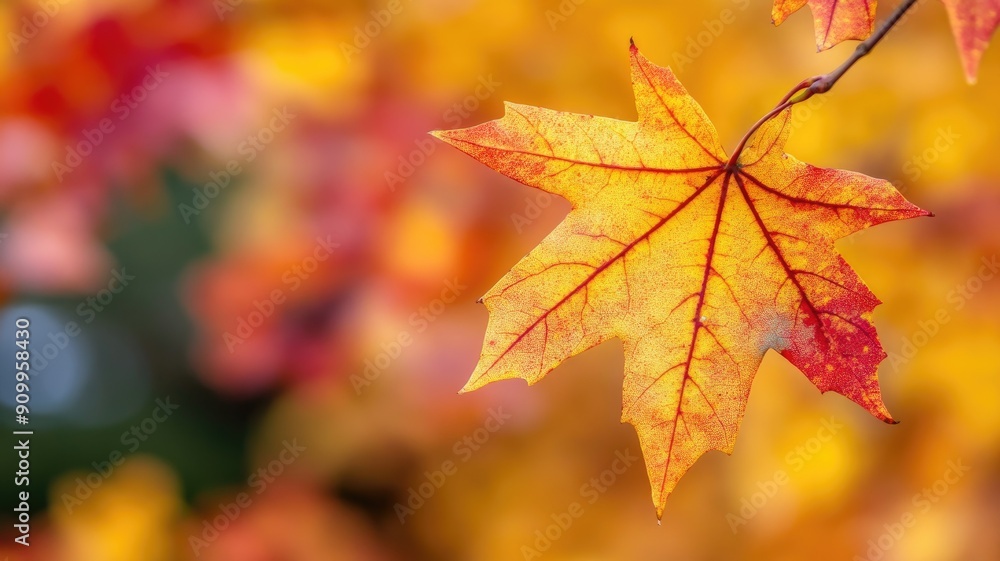 Close-up of vibrant autumn leaf with rich orange and yellow colors, blurred background Close-up of vibrant autumn leaf with rich orange and yellow colors, blurred background