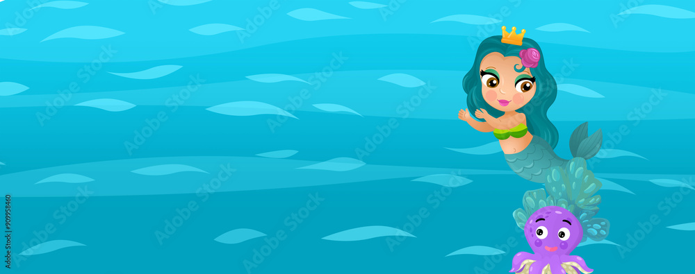 Cartoon ocean and the mermaid in underwater kingdom swimming diving illustration for kids