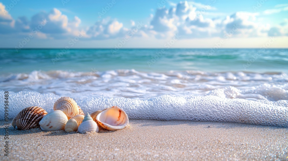 Obraz premium photography of a serene beach with waves and seashells, style of iDea24club