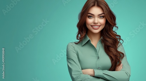 A young woman with long brown hair smiles confidently, arms crossed, against a vibrant teal background.