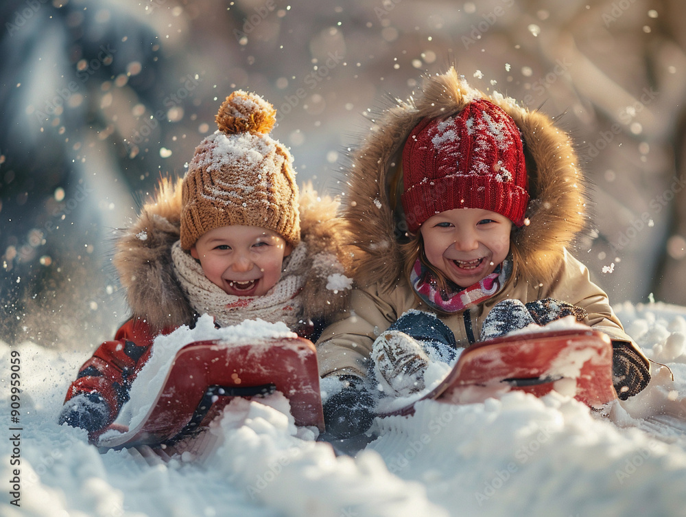 Two Happy Children Sledding Down a Snowy Hill on a Winter Afternoon Two Happy Children Sledding Down a Snowy Hill on a Winter Afternoon
