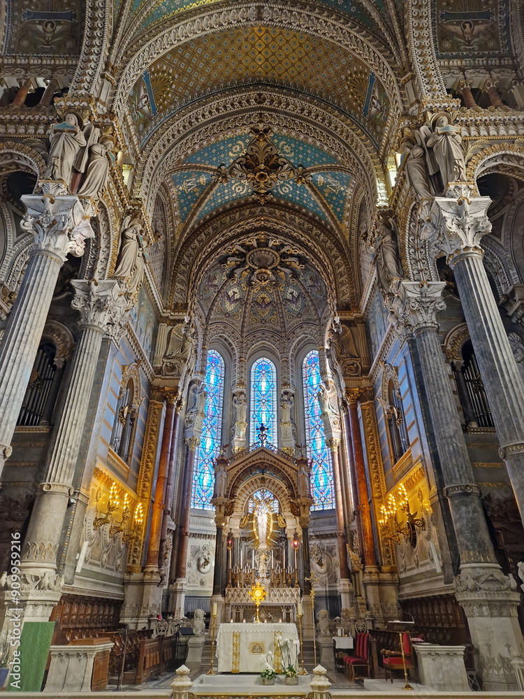 Famous Notre Dame de Fourviere in Lyon, France. Indoors architecture view of catholic basilica Famous Notre Dame de Fourviere in Lyon, France. Indoors architecture view of catholic basilica