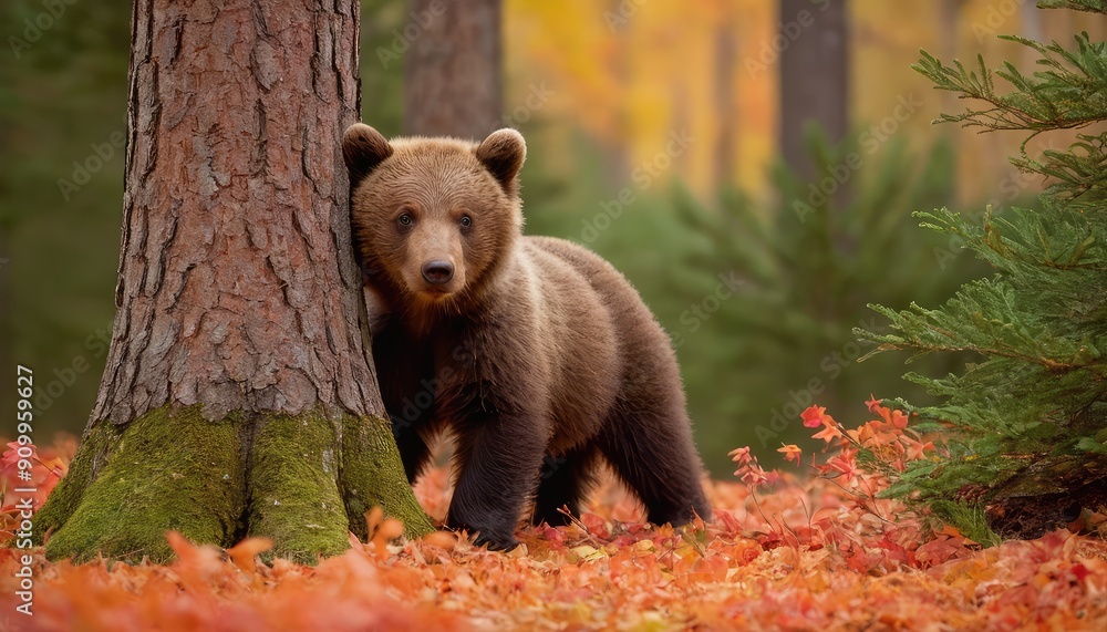 Fototapeta premium A young brown bear emerges playfully from behind a rugged tree trunk in a serene woodland, its fur blending perfectly with the warm hues of the fall foliage
