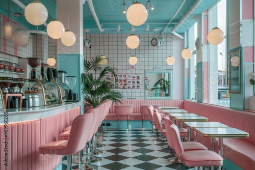 A stylish cafeteria interior with pink booths, checkered floors, and pastel blue accents